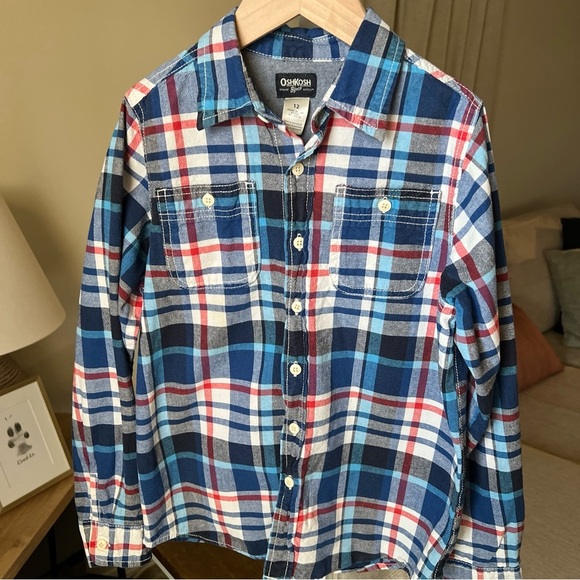 Oshkosh Boy’s Blue/white/red Plaid Longsleeve Button Up Size 12 - Picture 1 of 11